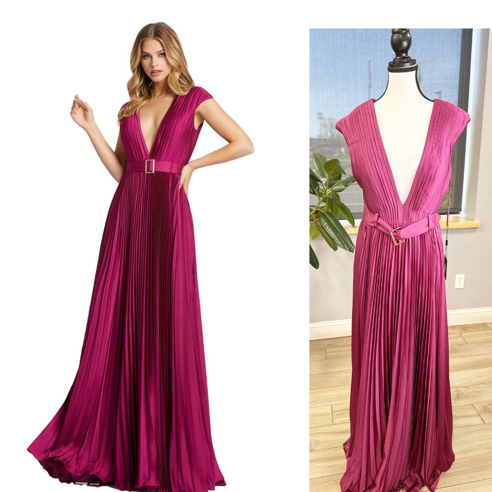 PLEATED PLUNGE NECK BELTED SATIN GOWN Size 8 Raspberry